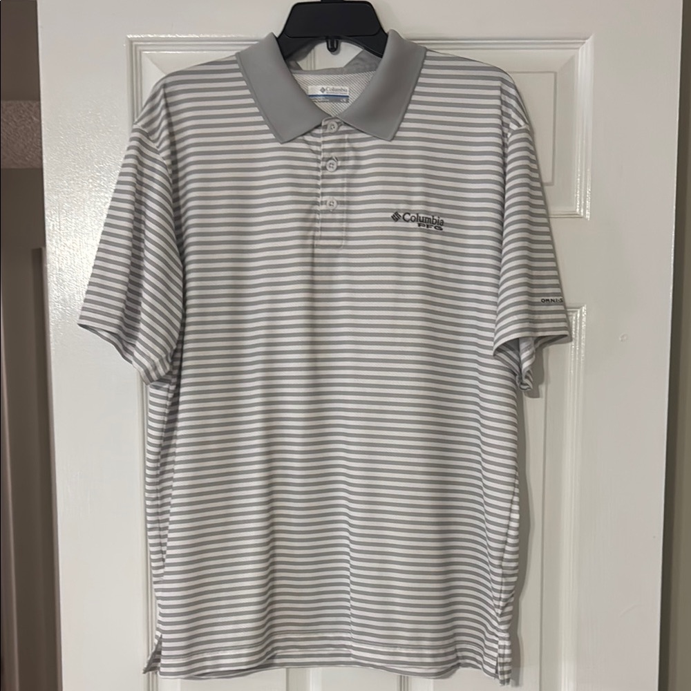 Columbia Gray Stripe PFG Polo Shirt